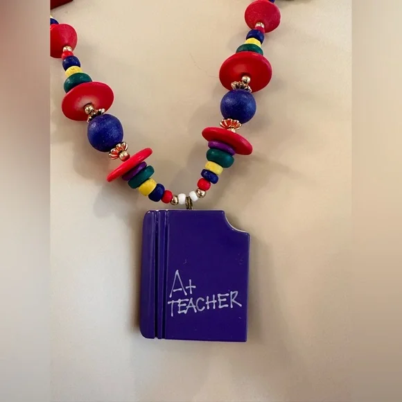 Vintage 90s Y2K Handmade Teacher Jewelry Set Schoolhouse Bus Necklace Earrings - Picture 4 of 13